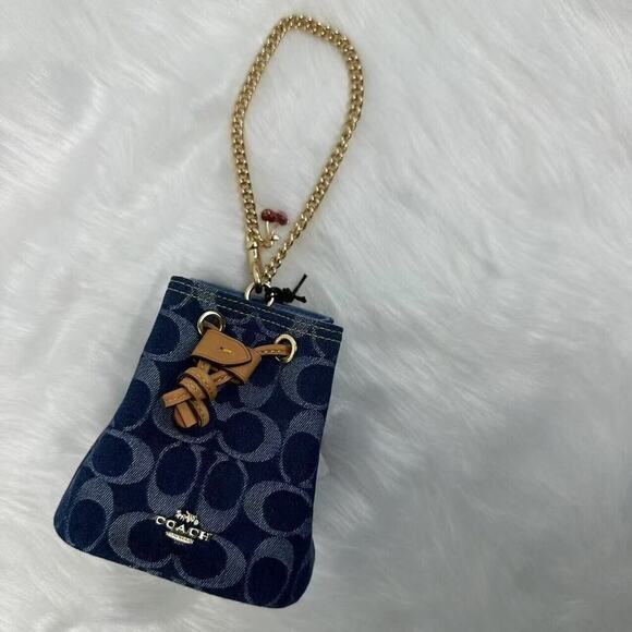 Coach Drawstring Wristlet In Signature Denim Gold/Denim Blue Natu… - Picture 5 of 12